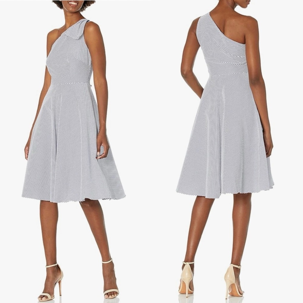 Adrianna Papell One Shoulder Blue White Stripes Cocktail Picnic Dress Summer 12